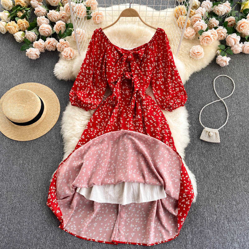 DEAT Women Printing Dress Square Collar Three Quarter Sleeve Arrivals Lady Temperament Fashion Spring Summer 11D562 210709