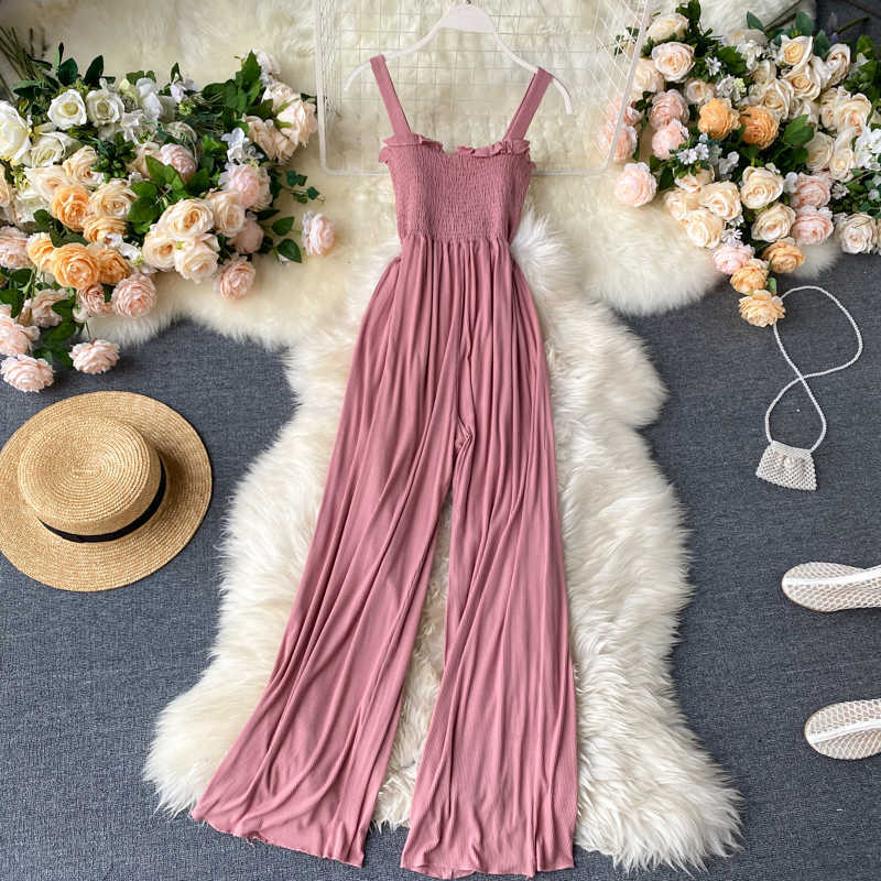 Women Jumpsuit Summer Elastic Pleated Waist Slimming Wide Leg Overalls L625 210527