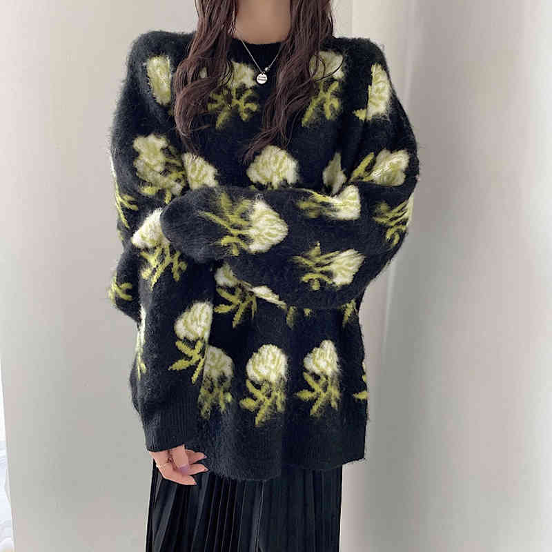 Comelsexy Knit Autumn Winter Vintage Pullover Flower Embroidery Casual Loose Sweater O-Neck Outwear Tops 210515