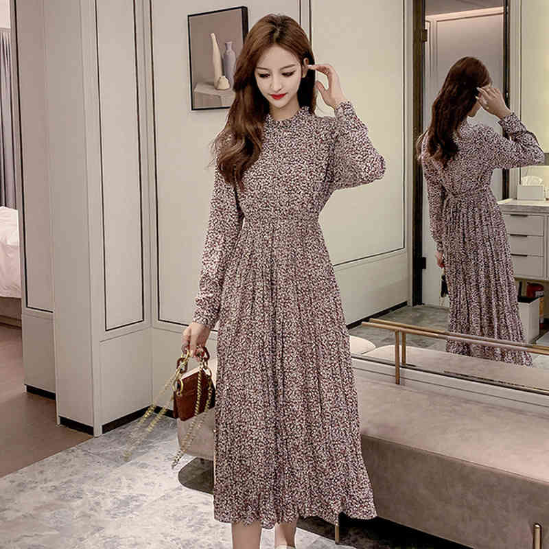 Floral Print Chiffon Dress Autumn Women Vintage Midi Long Sleeve Stand Collar High Elastic Waist Vestidos 10530 210506