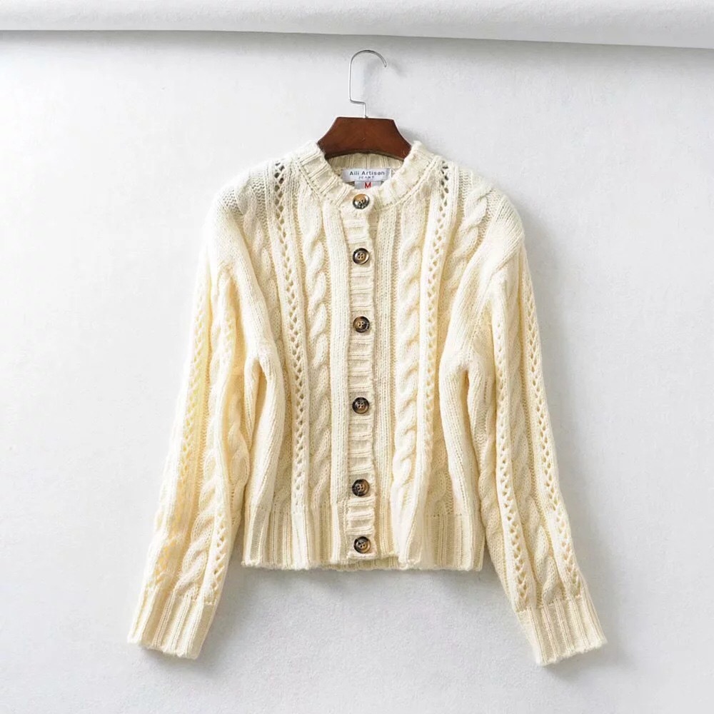 Vintage French Women Twist Striped Single-breasted Buttons Knitting Cardigan Cream Casual Knitwear Long sleeve Jumper Tops 210429