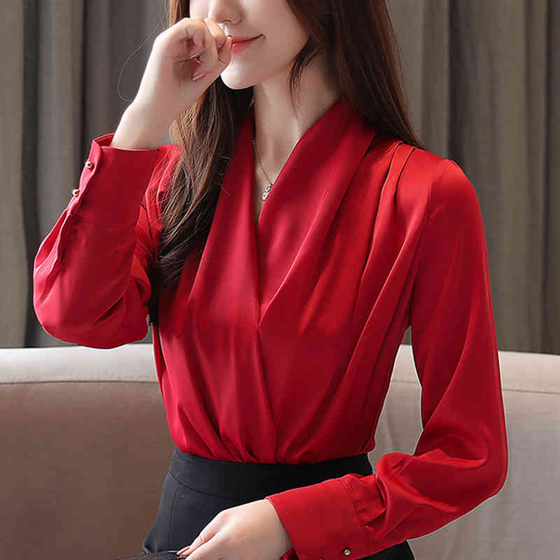 Pullover Poplin Pleated V-neck shirt Autumn Ruffle Women Korean Long Sleeve Blouses Shirt 9 Color Chiffon 820B 210420