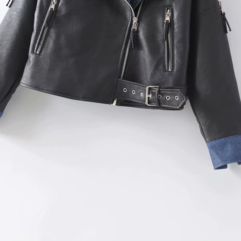 Women's Stylish PU Leather Jacket: Long Sleeve Windproof Black Denim Ing Hem Coat
