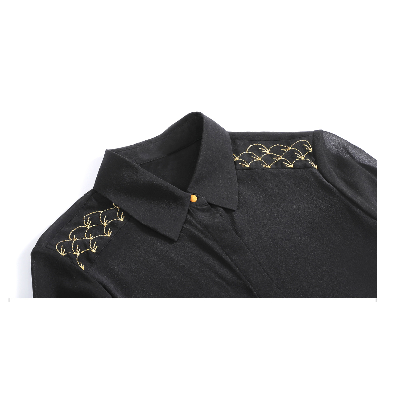 Fashion Spring Long Sleeve Black Silk Chiffon Shirt Women's Embroidered Solid Cardigan Blouse Women Ladies Tops 8524 50 210510
