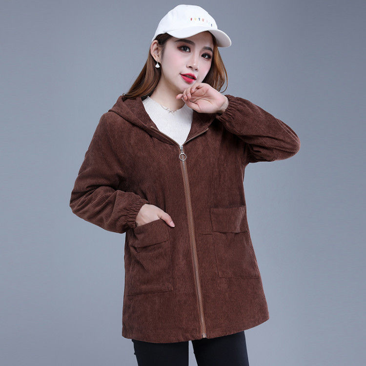 Plus Velvet Windbreaker Jacket Women Winter Casual Loose Korean Hooded Mid Long Corduroy Coat Big Size Trench Outwear Femme 210522