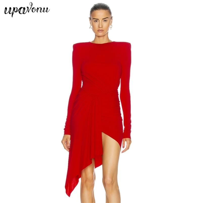 Free Women Red Dress Sexy O-neck Long Sleeve Bodycon Irregular Draped Celebrity Club Party Mini Vestido 210524