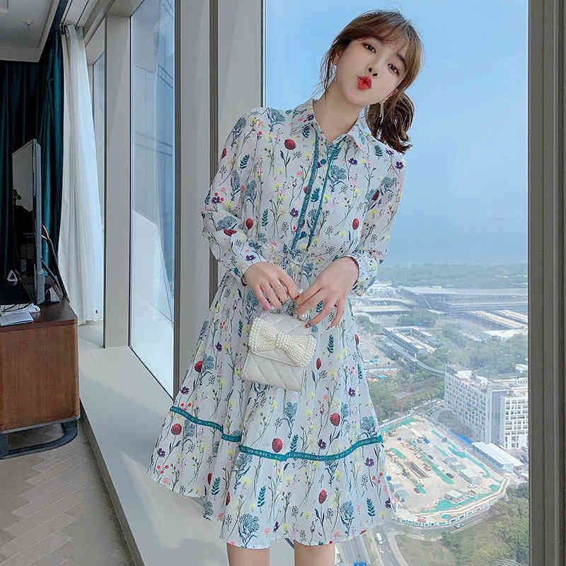 Spring Casual Vintage Floral Printed Shirt Dresses For Women Long Sleeve Loose Ruffles Elegant Bow Chic Dress Lady Clothes Femme 210515