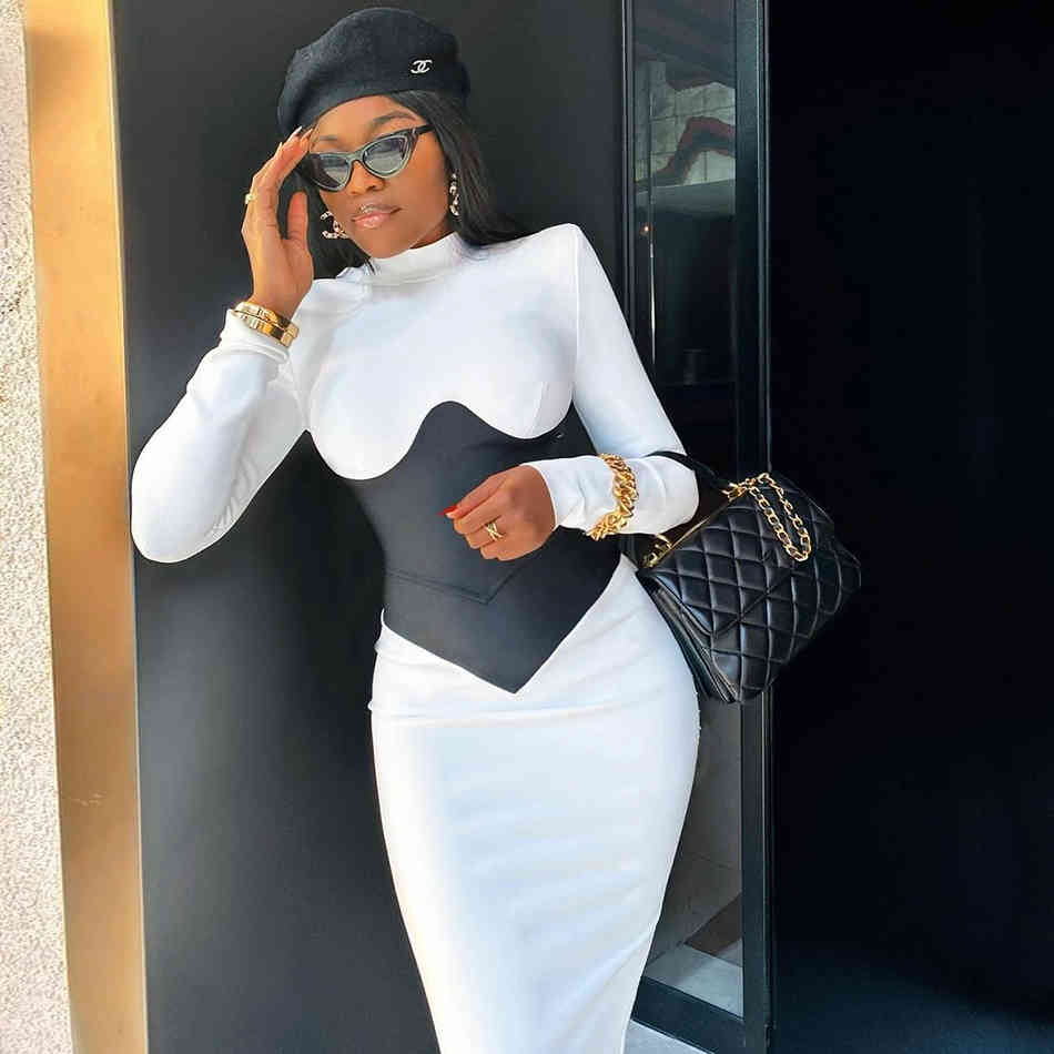 Free Autumn Elegant Women's Stand Collar Bandage Dress Long Sleeve Chic Contrasting Color Bodycon Club Party 210524
