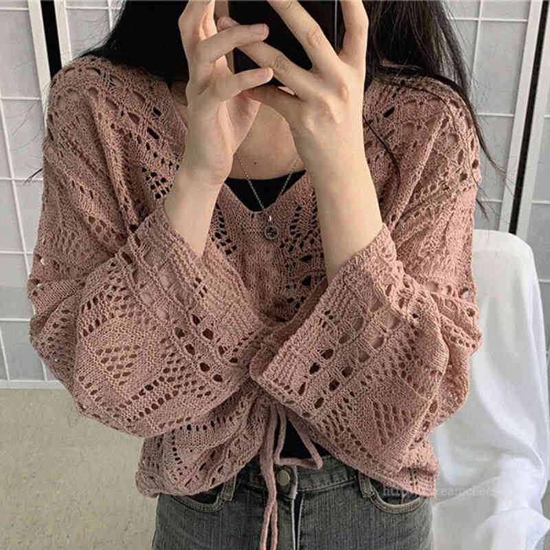 Autumn Korean Women Tops And Blouses Flare Sleeve V Neck Knitted Shirts Drawstring Hollow Out Sexy Top Mujer 10194 210512