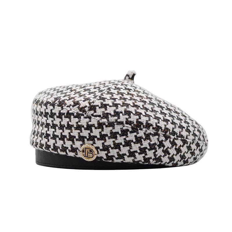 Autumn Winter Plaid Beret Hats For Women French Berets Fashion Female Houndstooth Black With Adjustable Rope 210429