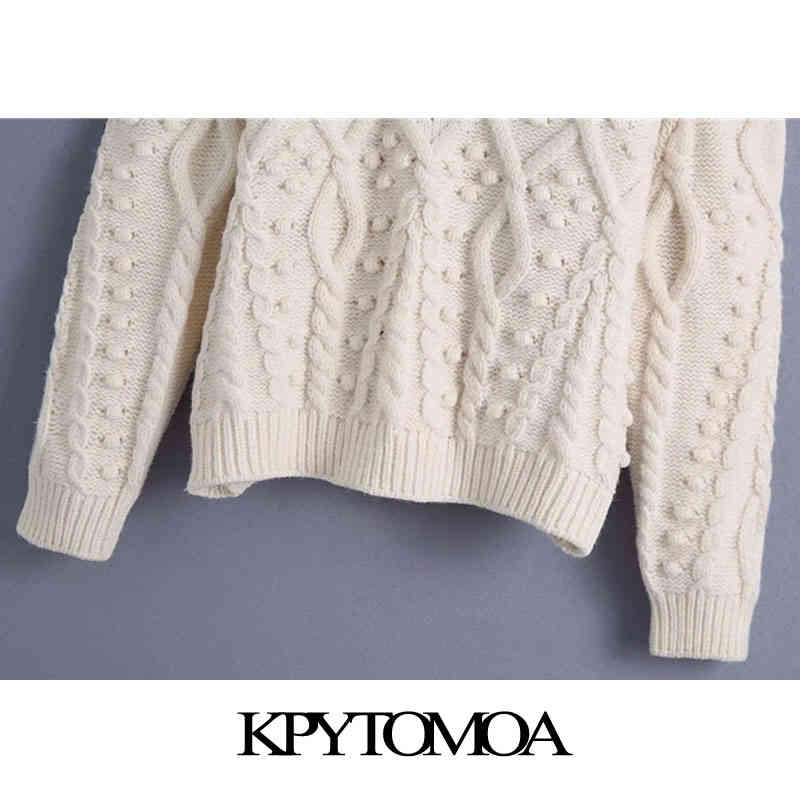 Women Fashion Bobble Appliques Hollow Out Knitted Sweater O Neck Long Sleeve Female Pullovers Chic Tops 210420