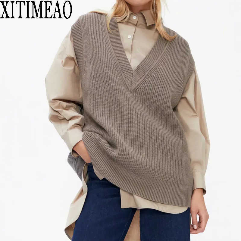 ZA Women Fashion Oversized Knitted Vest Sweater V-neck Sleeveless Solid Color Loose Female Waistcoat Chic Tops 210604, As picture
ZA Women Fashion Oversized Knitted Vest Sweater V-neck Sleeveless Solid Color Loose Female Waistcoat Chic Tops 210604, As picture
