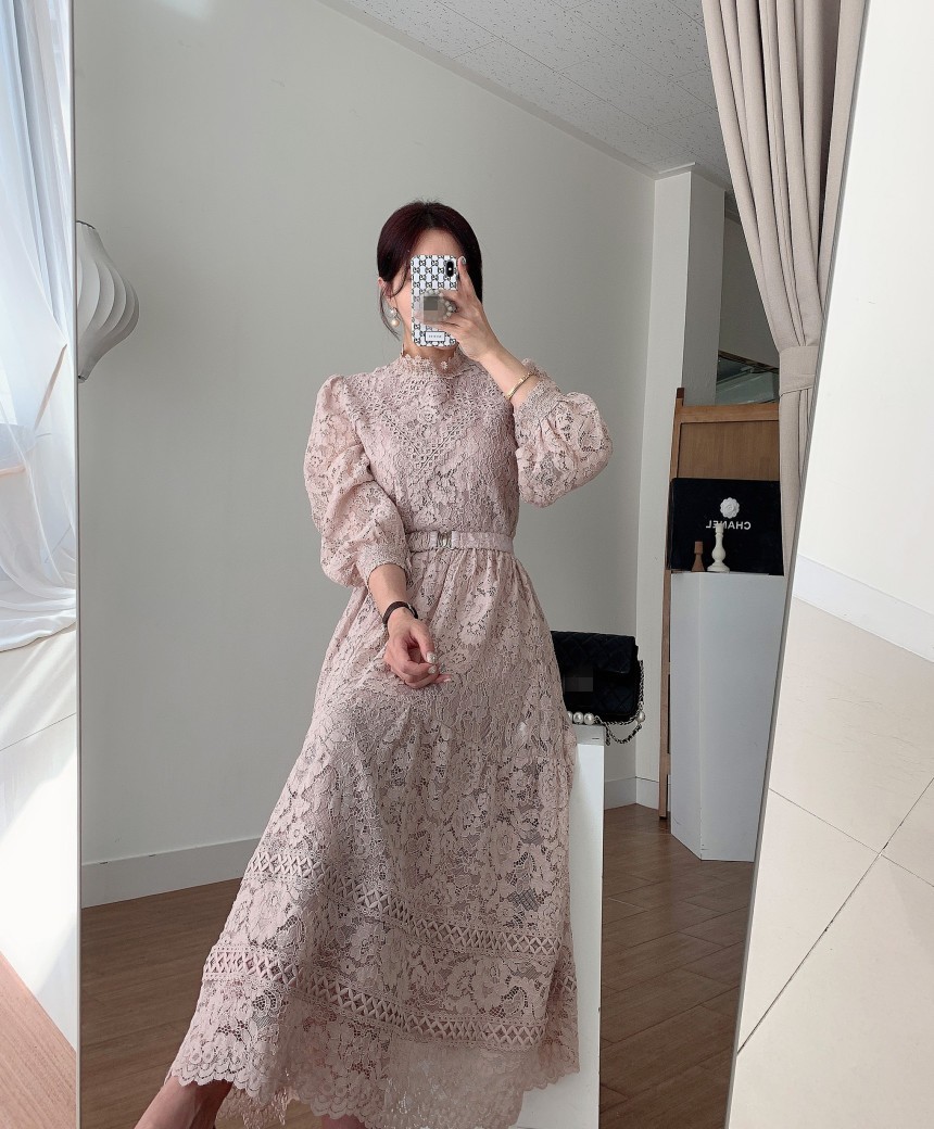 Women Vintage Spring Sweet Hollow Out Lace Long Dress Elegant Ladies Puff Sleeve Female Sexy Slim Sashes Party Dresses Vestidos 210519
