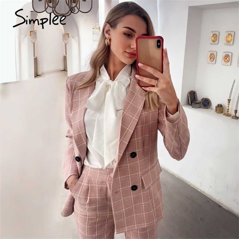 Fashion plaid women blazer suits Long sleeve double breasted blazer pants set Pink office ladies two-piece blazer sets 211007