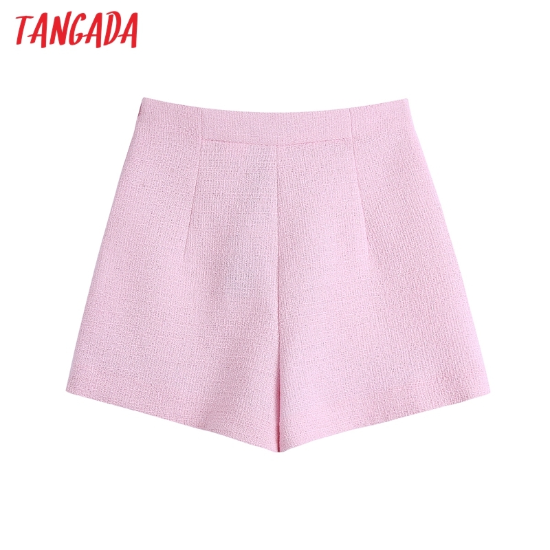 Women Elegant Pink Tweed Zipper Pockets Female Retro Casual Shorts Pantalones BE521 210416