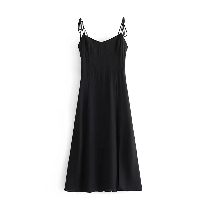 French Women Dress Solid Black Color Bandage Lacing up Spaghetti Strap Mid-Calf Slit Dresses Party Fashion Female Clothes 210429