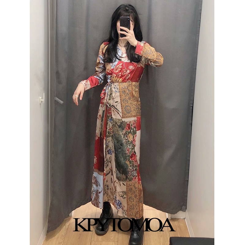 Women Fashion With Belt Print Patchwork Crossover Midi Dress V Neck Long Sleeve Female Dresses Vestidos 210420