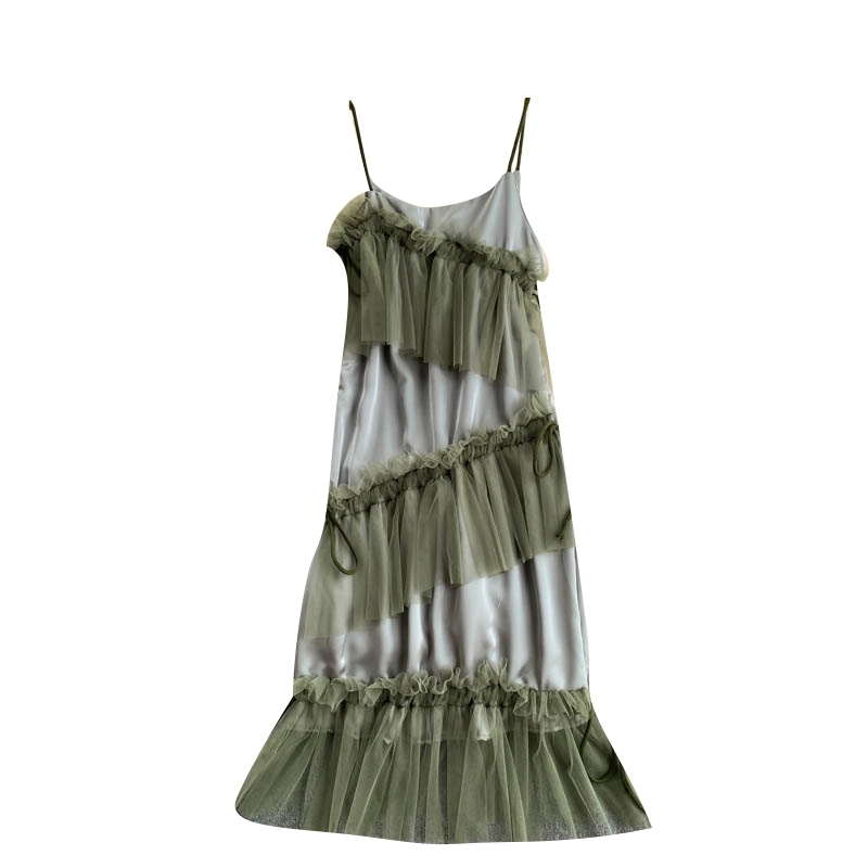 Fashion Women Seaside Holiday Sexy Women Dresses Summer Mesh Green Dress Irregular Ruffled Suspender Beach Dress Girl 210515