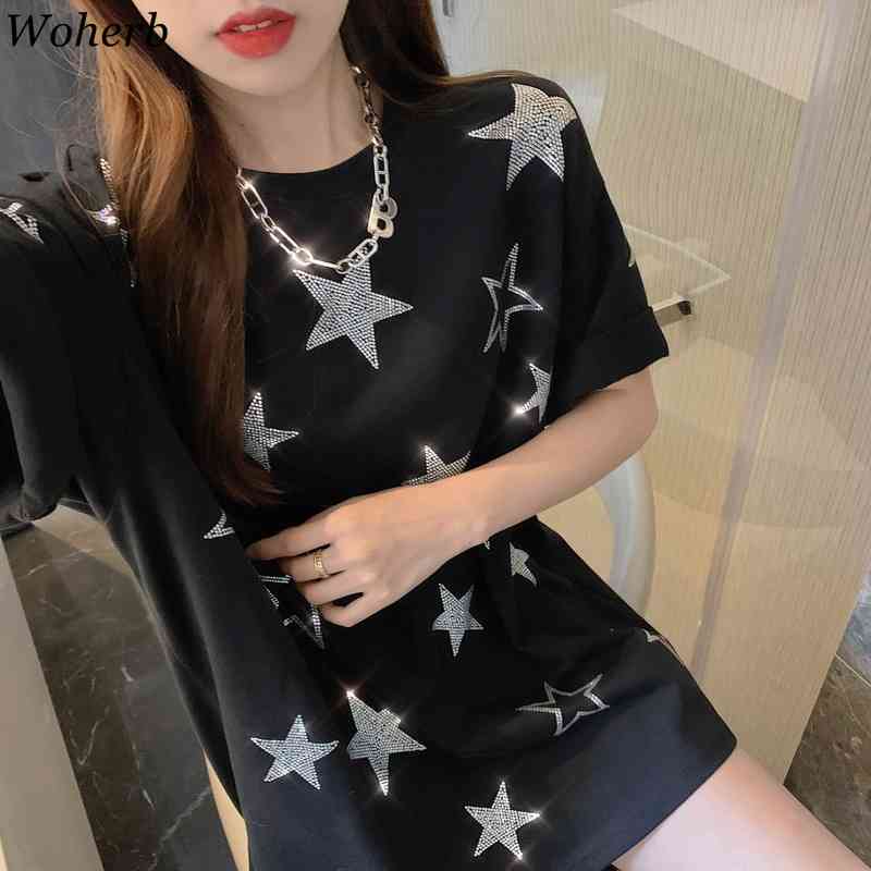 Woheb Casual Loose Long T-shirt Women Star Sequined Patch Summer Black White Short Sleeve T Shirts Harajuku Korean Tops 210519