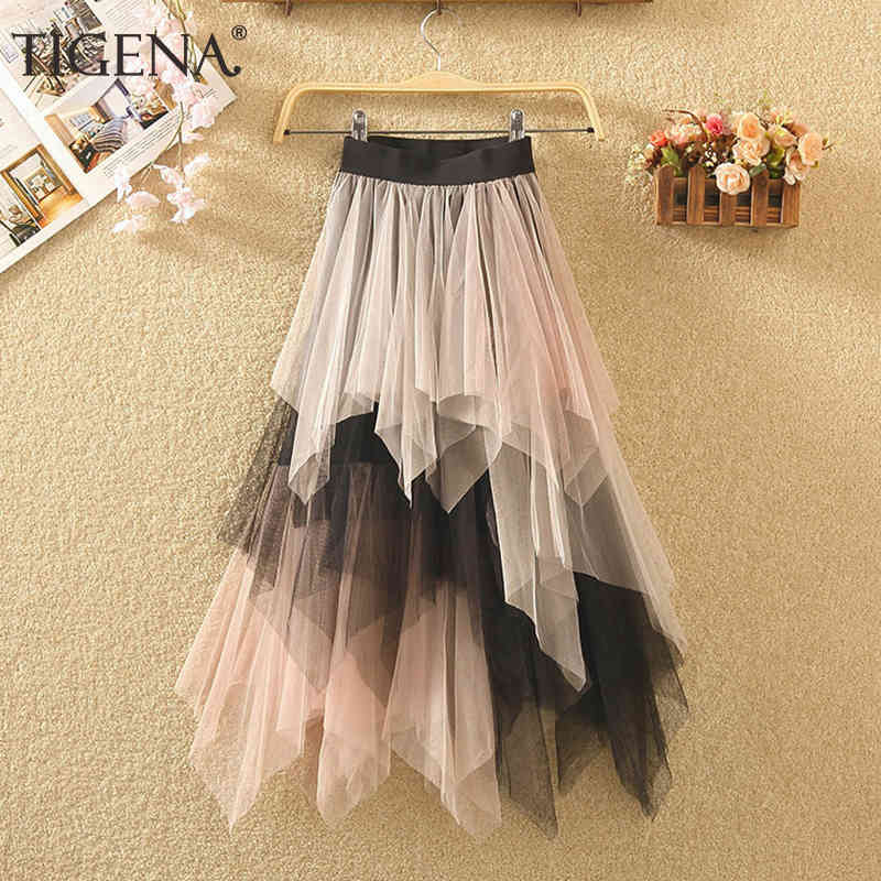 TIGENA Long Tutu Tulle Skirt Women Fashion Summer Korean Irregular Contrast Color High Waist Pleated Maxi Skirt Female 210408