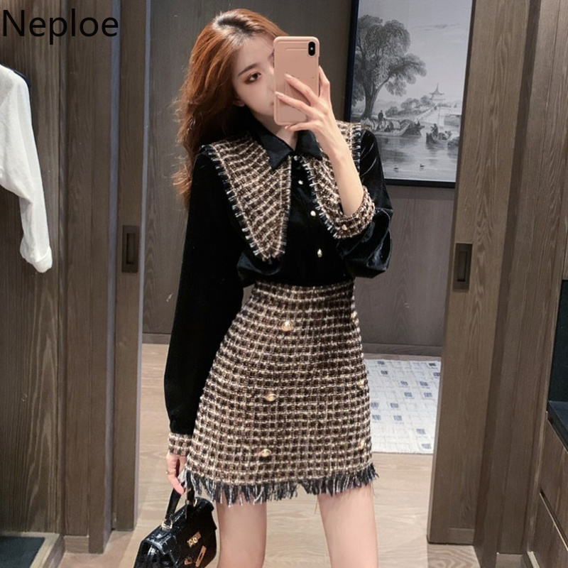 Neploe Two Piece Outfits Women Fall Clothes Elegant Velvet Shirt Tops Bodycon Tassels Mini Dresses Korean Chic Suit 2 Piece Set 210422
