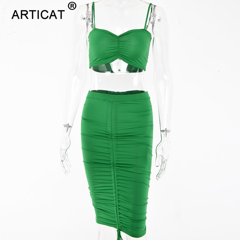 Articat Two Piece Sexy Pleated Party Dress Women Spaghetti Strap Backless Slinny Pencil Christmas Dress Casual Dress Vestidos 210409