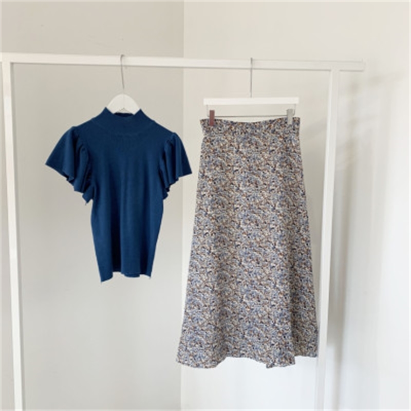 Summer Korean Fashion 2 Piece Skirt Sets Outfits Women Blue Tops + Printed Elastic Waist A-line Vintage Matching 210514