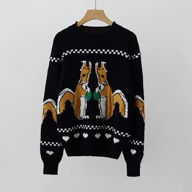 Pullover Sweater Women Cartoon Print Striped Loose Knitted Pull Femme Jumper Crop Mujer suéteres Autumn 210421