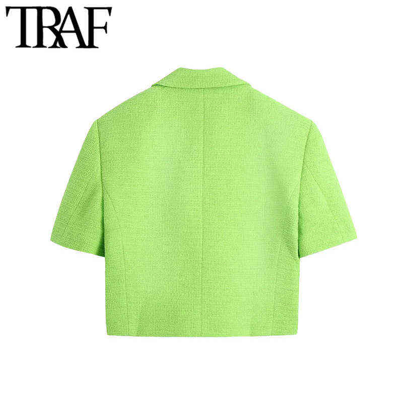 TRAF Women Fashion Double Breasted Tweed Cropped Blazer Coat Vintage Short Sleeve Female Outerwear Chic Veste Femme 211122