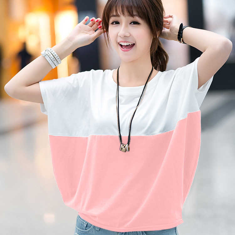 T Shirt Women 2020 Tshirt Vintage Summer Short Sleeve pactchwork color plus size cotton T-shirt Batwing Ropa Mujer WBX5849 X0628