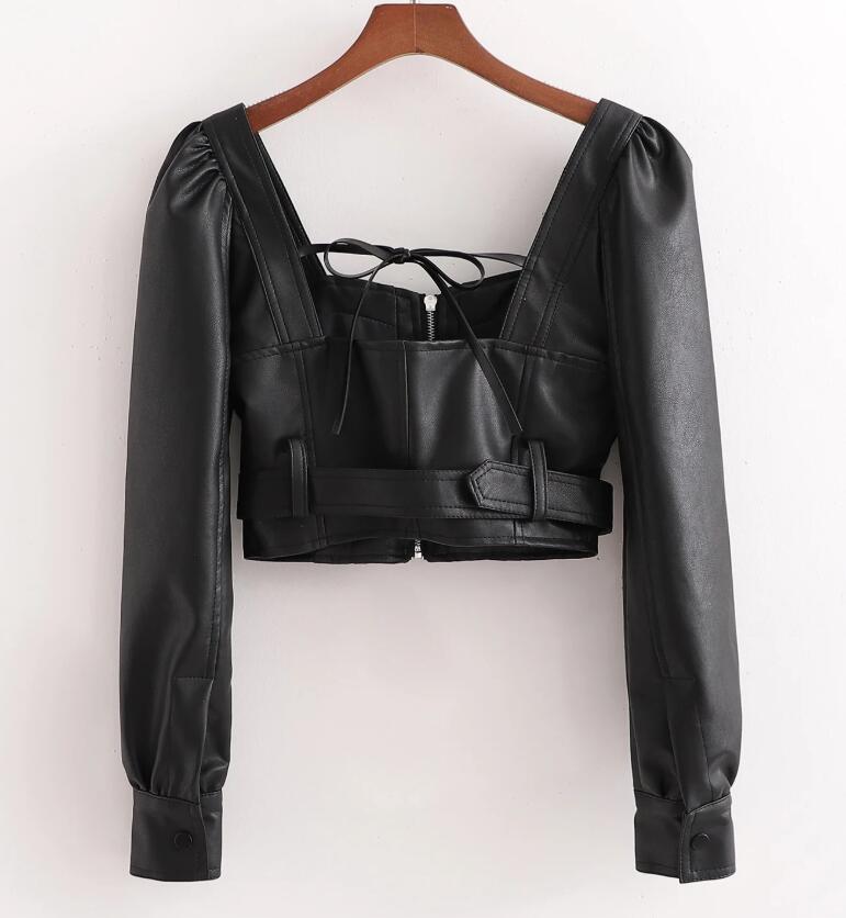 Spring Streetwear Square neck PU Cropped Shirt Women Long Puff Sleeve Slim High Waist Short Faux Leather Blouse Tops 210429