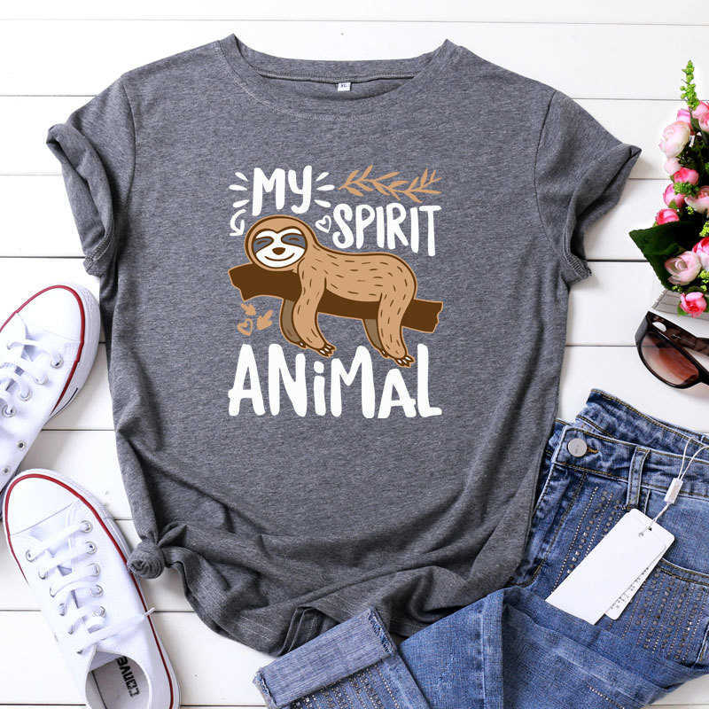 100% Cotton Lazy Sloth Women's T-Shirt Casual Loose O-Neck Short Sleeve Fashion Summer Female Tees Top W881 210526