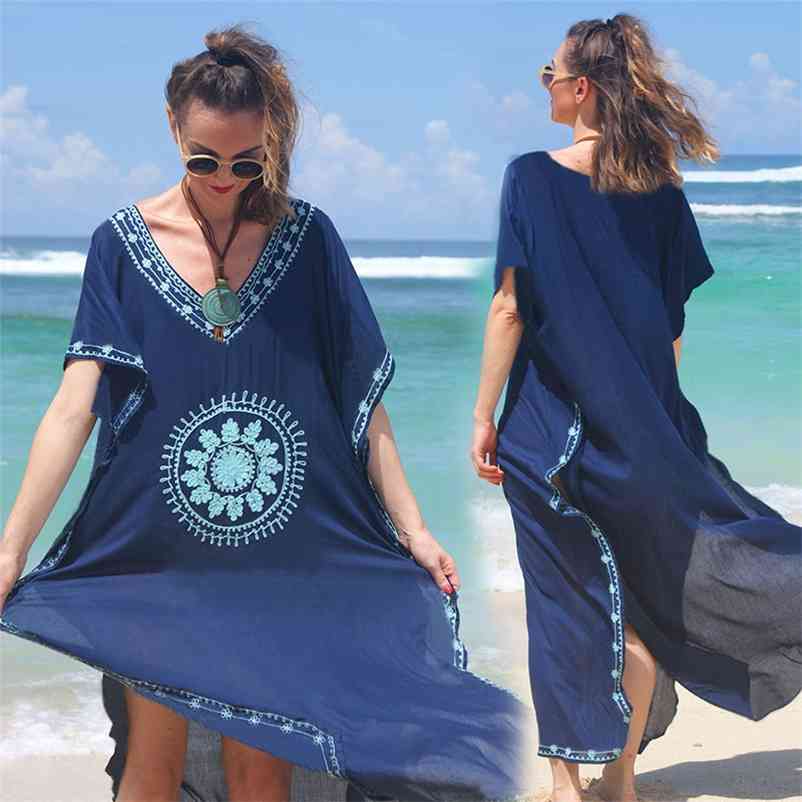 Embroidery Cotton Beach Cover up Saida de Praia Swimsuit Women Bikini cover-ups Tunics for Pareo Sarong wear #Q643 210420