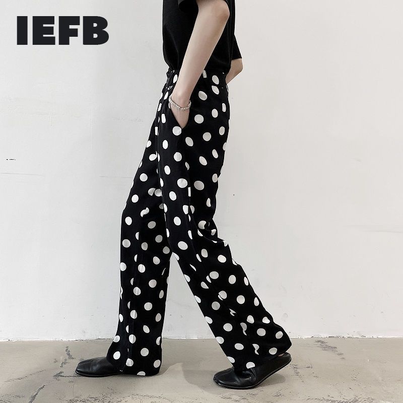 IEFB /men's wear Chiffon wide leg pants for male loose thin style casual pants spring polka dot zipper vintage 9Y2940 210524
