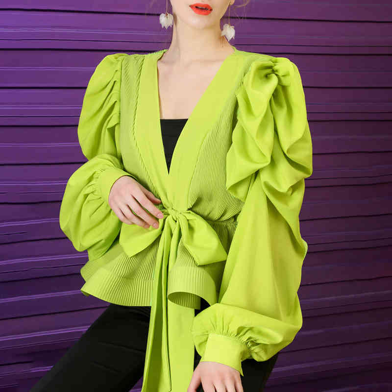 Casual Patchwork Pleated Women Blouse V Neck Lantern Long Sleeve High Waist Lace Up Ruffle Shirt Female Fashion 210524