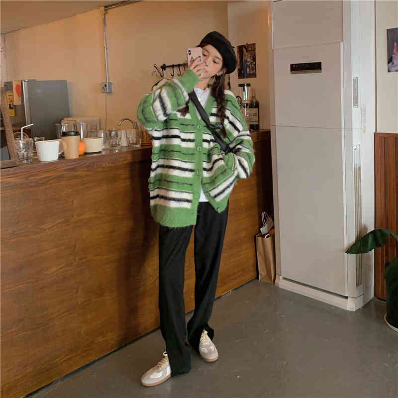 Wonder Striped Ugly Sweater Cardigan Winter Mohair Female Casual Korean Button-down Coat Women 210510