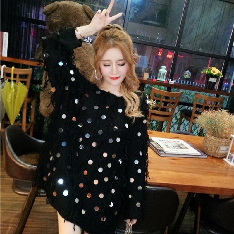 MATAKAWA Sequined Tassel Women Pullover Mid-length Knitted Sweaters Woman Spring Korean O-Neck Sweater Long-sleeved Loose Tops 210513