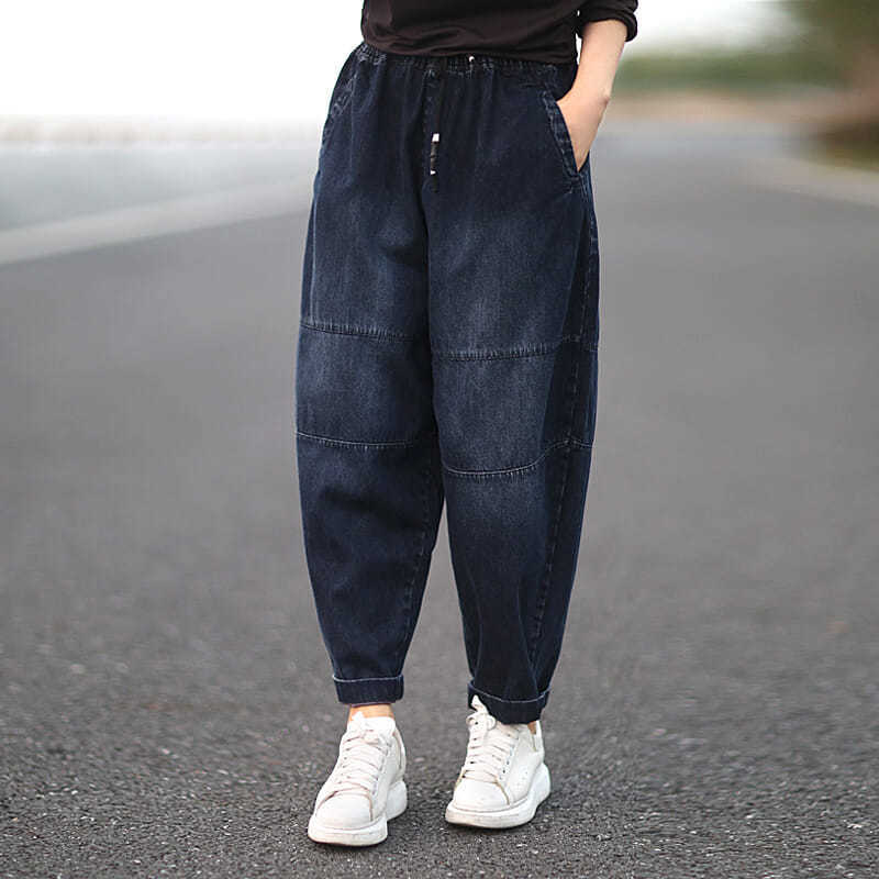 Autumn Arts Style Women Elastic Waist Loose Jeans All-matched Casual Cotton Denim Harem Pants Plus Size vintage Jeans S555 210616