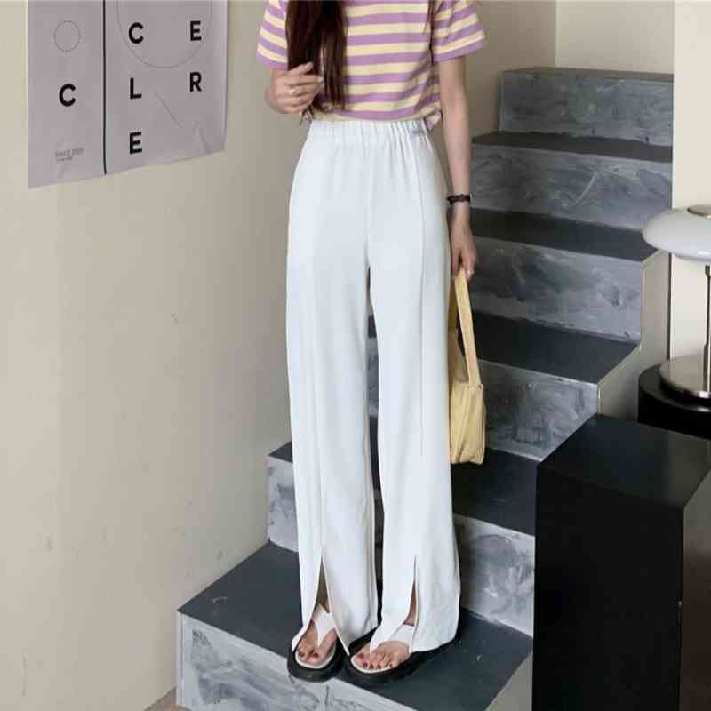 Pants & Capris Korean Solid White Waist Elastic Casual Loose Black Straight Split Wide Leg Pant Mopping Mujer Pantalones Pink 210429