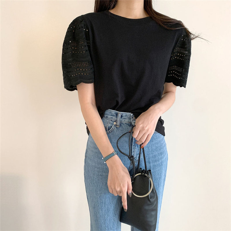 Stylish Loose All Match Patchwork Lace Summer Sweet Chic Gentle Casual Slim Lady OL Short Sleeves T-shirts 210421