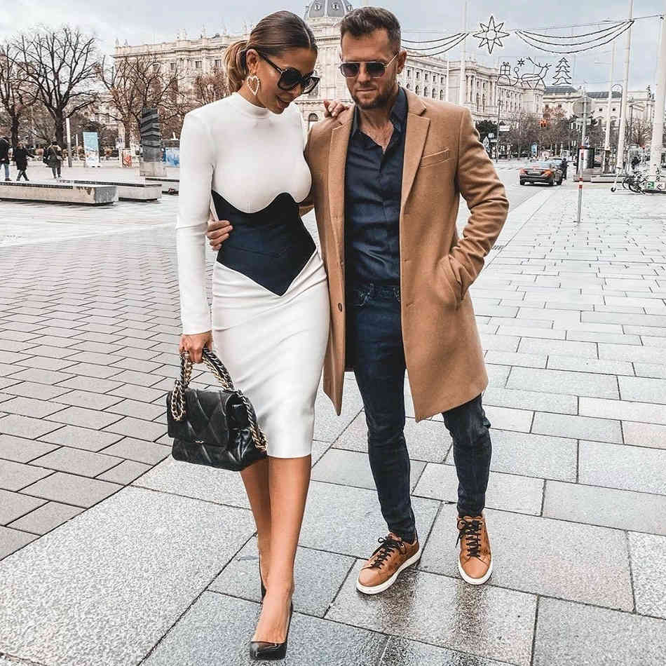 Free Autumn Elegant Women's Stand Collar Bandage Dress Long Sleeve Chic Contrasting Color Bodycon Club Party 210524
