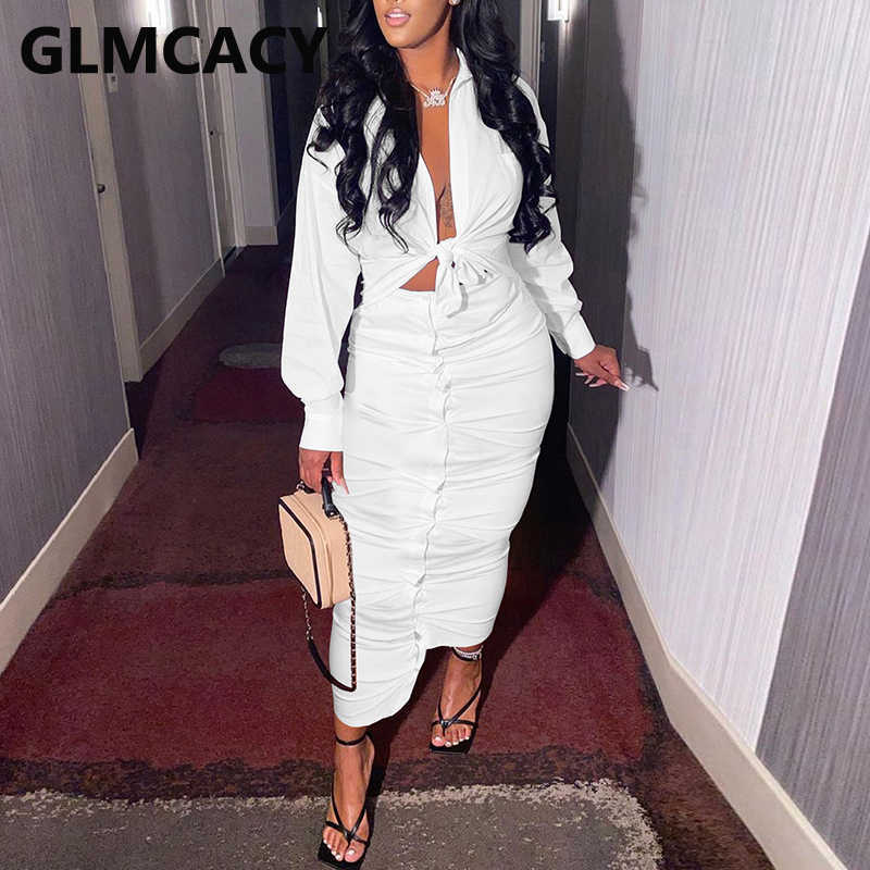 Two Piece Casual Dress Suits Long Sleeve Tie Front Shirt & Button Down Maxi Skirt Set 210702