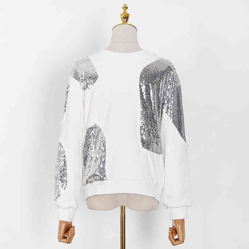 TOWTWINSTYLE Sequins Casual White Sweatshirt For Women O Neck Long Sleeve Irregular Patchwork Sweatershirts Female 210524