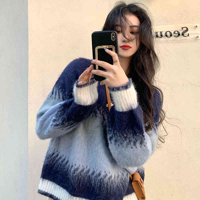 2 colors korean style loose Patchwork knitted warm sweaters womens and pullovers (C9940 210508