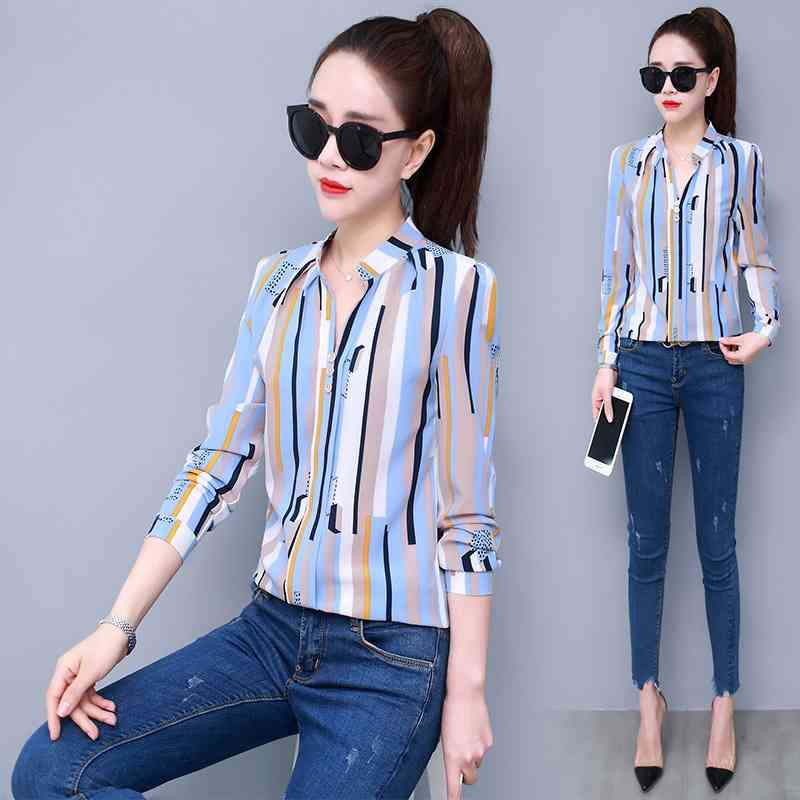 Chiffon Women Blouses Office Lady Striped s Tops and V-Neck Shirts Plus Size XXL Blusas Femininas Elegante 210531