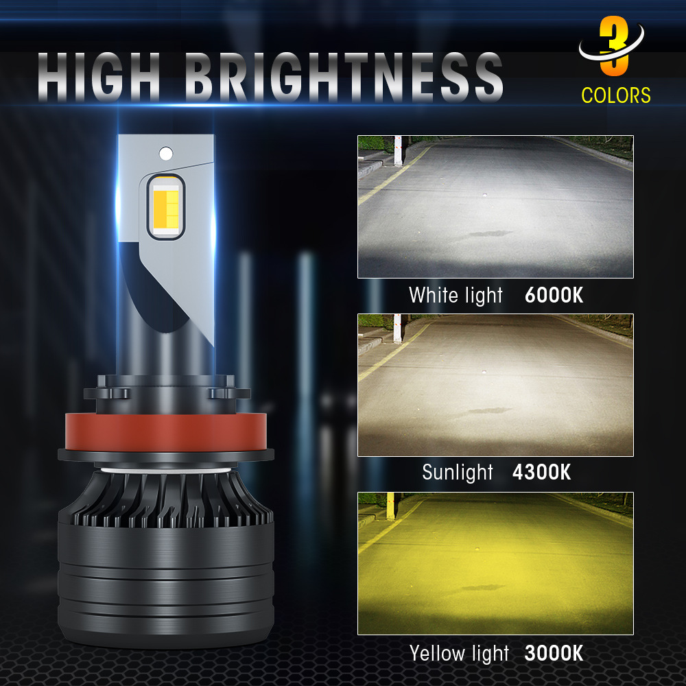 K9 Tri-color Car LED Light High and Low Beam Brittleness Headlight Color Changing Lamp H7 H4 Led Lighting 8000LM