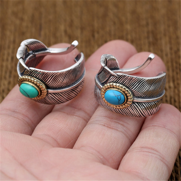 925 sterling adjustable Solitaire rings feather with turquoise stones American Europe antique handmade designer punk gothic Luxury jewelry accessories