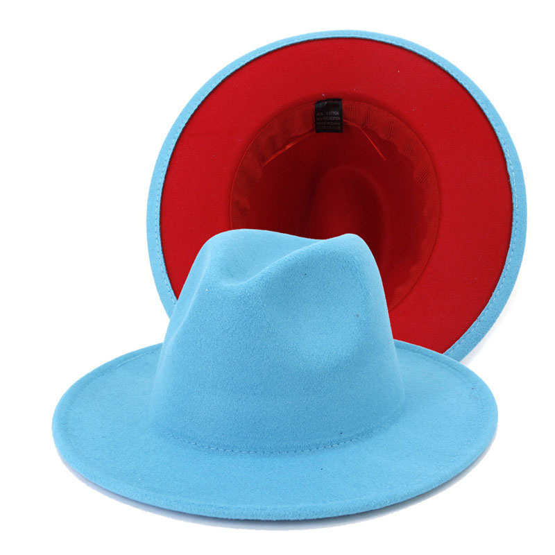 New Outer Lake Blue Inner Red Wool Felt Fedora Hat Doublesided Patchwork Formal Dress Wedding Women Hats Felted Classic Jazz Cap