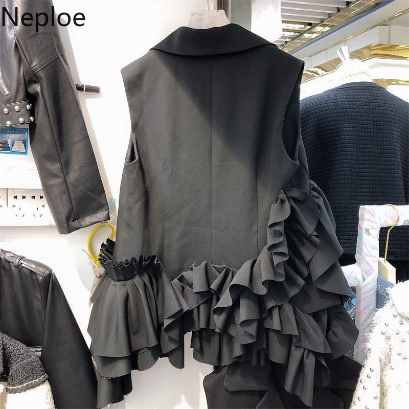 Neploe Women Vest Irregular Ruffle Patchwork Outerwear Loose Fashion Black Blazer Tank Elegant Temperament Sleeveless Ladies Top 210422