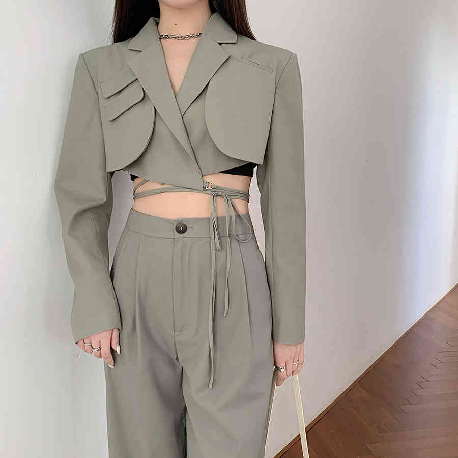 Spring Womens Outfits Ladies Office Notched Collar Long Sleeve Sexy Short Coat + High Waist Wide Leg Pants 2 Piece Sets 210519